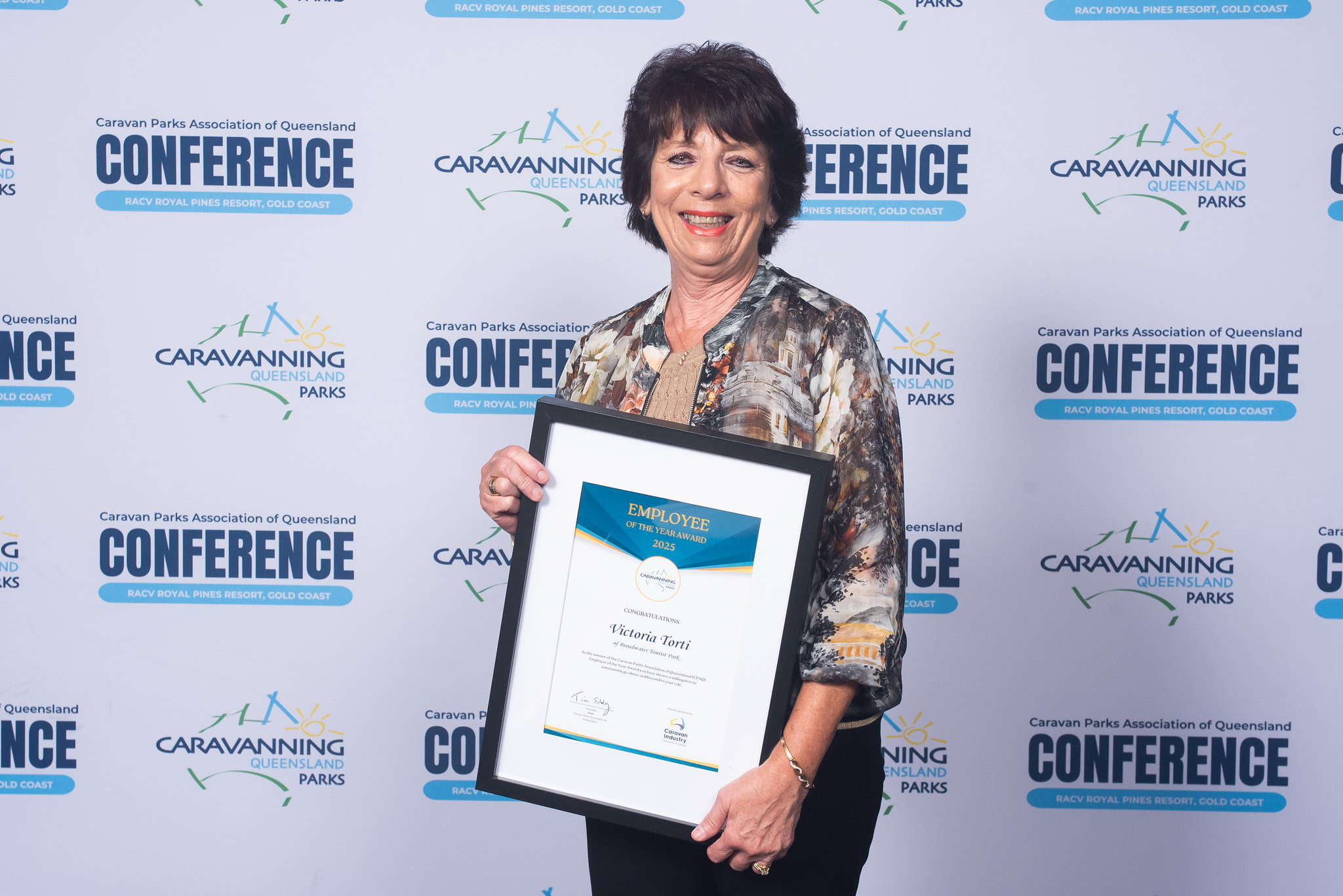 Vicki Torti of Broadwater Tourist Park accepting her award for Employee of the Year at the 2025 CPAQ Awards.