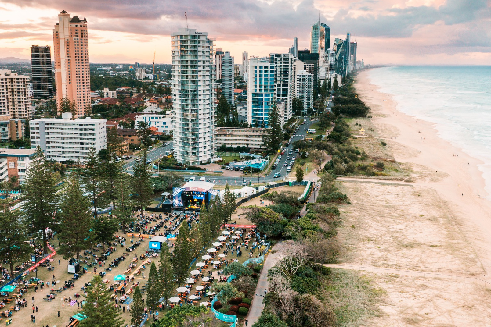 Aerial image of the Blues on Broadbeach music festival at Kurrawa Park in Broadbeach.