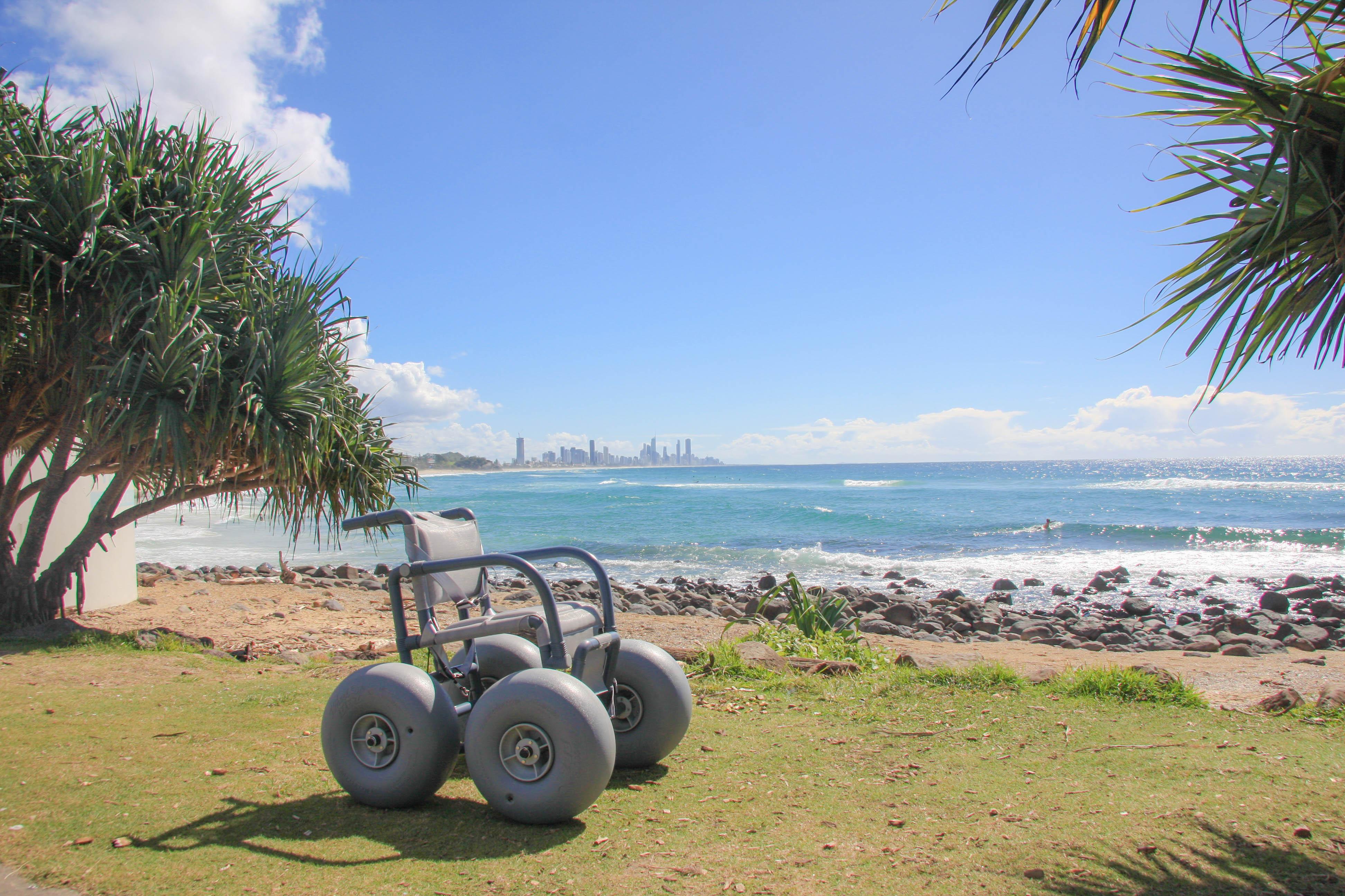 The all-terrain beach wheelchair available for guests at Burleigh Beach Tourist Park.