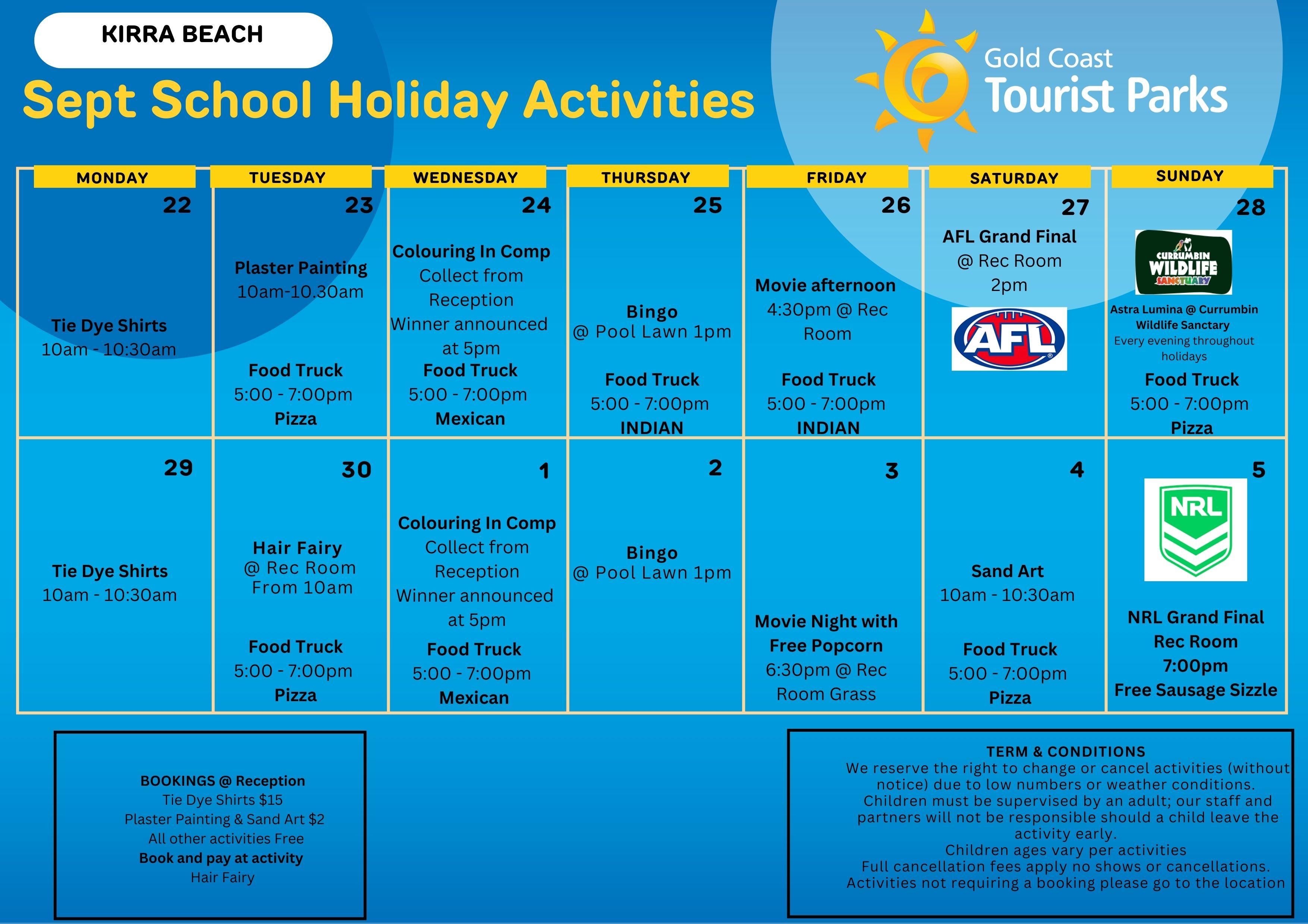 A schedule of the activities these holidays