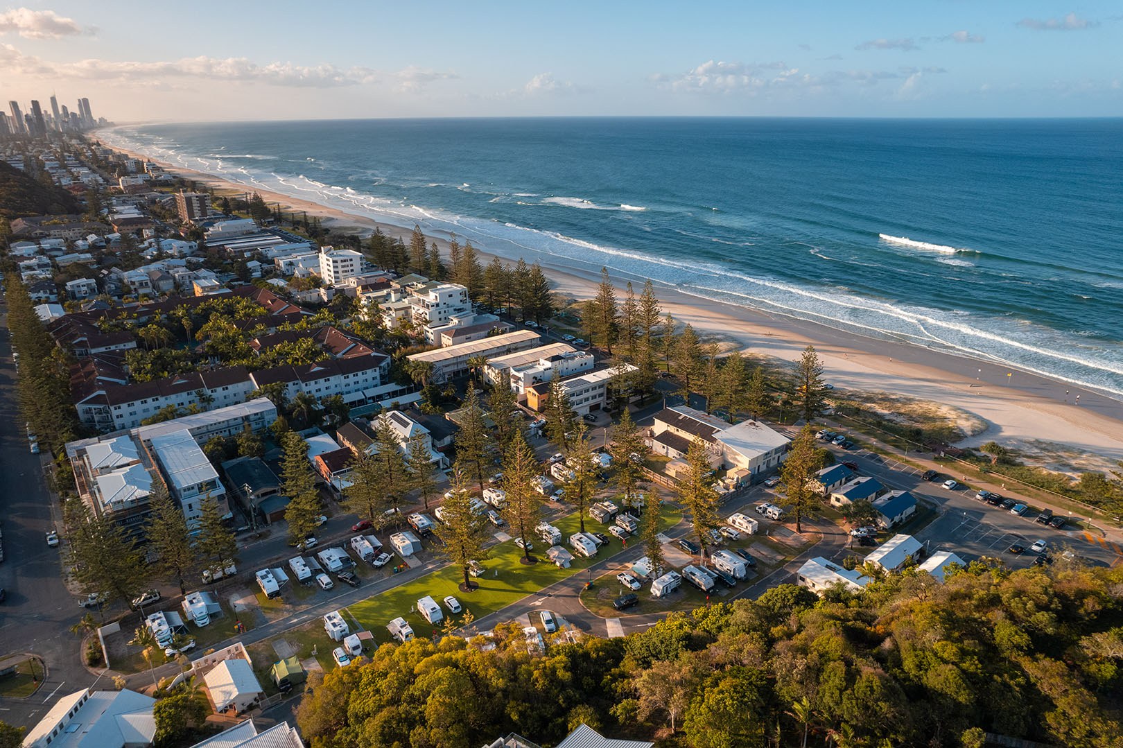 Aerial image of Ocean Beach Tourist Park, located right on Miami Beach on the Gold Coast.