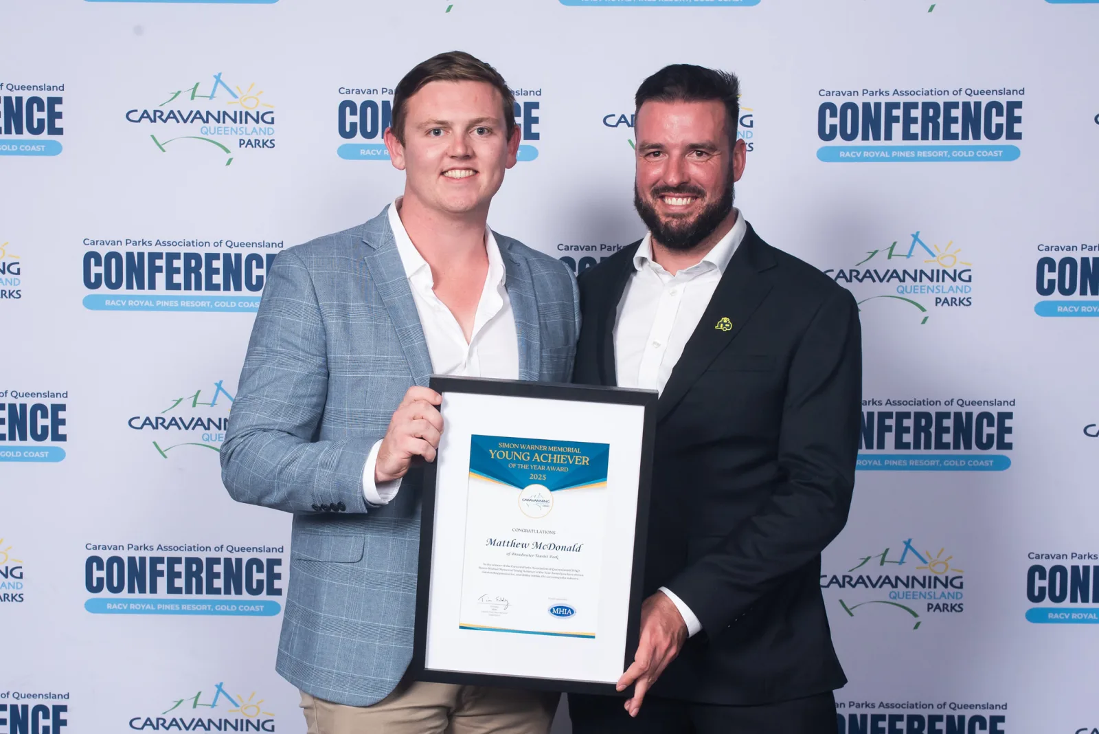 Matt McDonald of Broadwater Tourist Park accepting his award for Young Achiever of the Year at the 2025 CPAQ Awards.